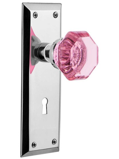 New York Mortise Lock Set with Colored Waldorf Crystal Glass Knobs Pink in Polished Chrome.